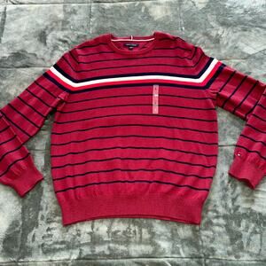 Tommy Hilfiger Sweater Mens Large Red Navy Striped Knitted Logo Long Sleeve